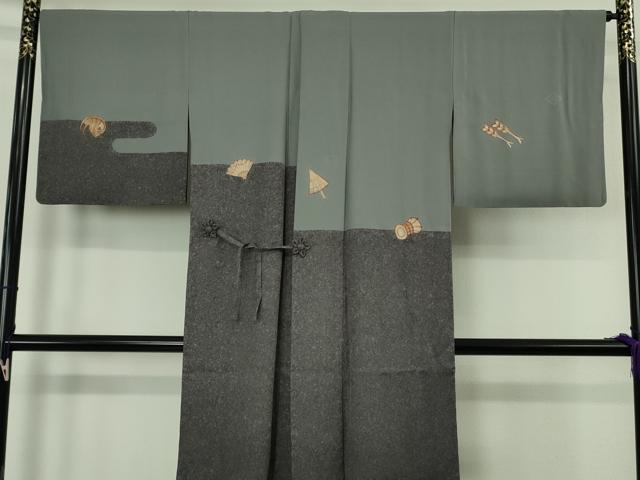 平和屋本店∞極上 道中着 ロング丈 手描き 歌舞伎 隈取 鼓 番傘 扇子 逸品 DZAB7035kh6