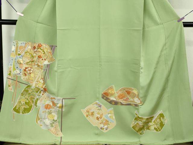 平和屋本店●極上 創業460年・千總 色留袖 駒刺繍 誰が袖花松文 若葉色地 金彩 三越扱い 逸品 DZAB7036kh6