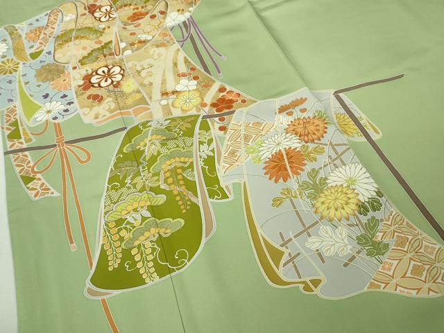 平和屋本店●極上 創業460年・千總 色留袖 駒刺繍 誰が袖花松文 若葉色地 金彩 三越扱い 逸品 DZAB7036kh6