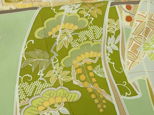 平和屋本店●極上 創業460年・千總 色留袖 駒刺繍 誰が袖花松文 若葉色地 金彩 三越扱い 逸品 DZAB7036kh6