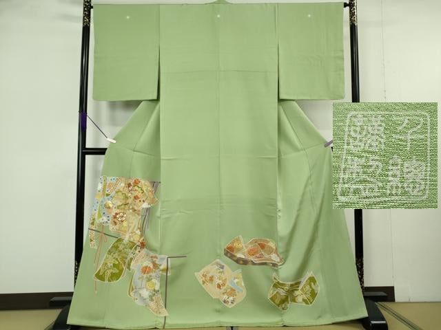 平和屋本店●極上 創業460年・千總 色留袖 駒刺繍 誰が袖花松文 若葉色地 金彩 三越扱い 逸品 DZAB7036kh6
