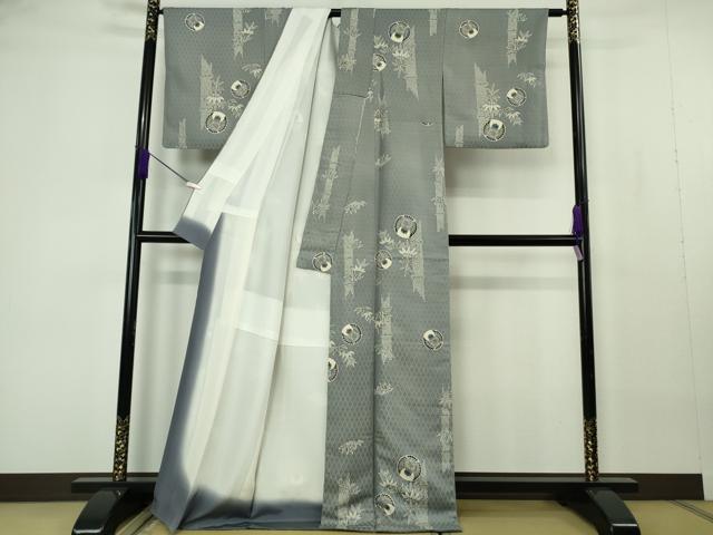 平和屋着物●極上 松煙染の第一人者 川島草苑 小紋 古代織 ふくら雀 笹竹 錫色地 反端付き 逸品 DZAB7040kh6