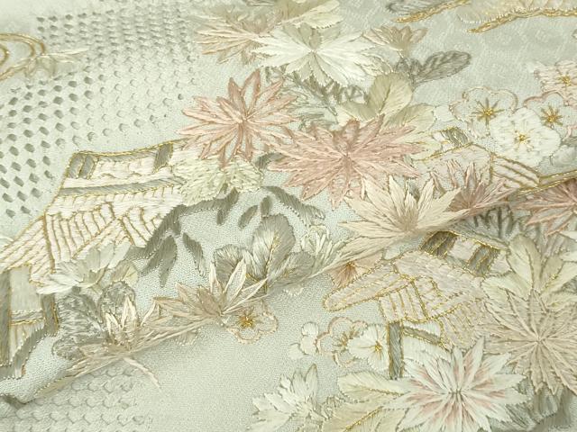 平和屋本店●極上 中国三大刺繍 スワトウ刺繍 汕頭刺繍 総刺繍 訪問着 風景花文 白緑色地 金糸 反端付き 逸品 未使用 DZAB7041kh6