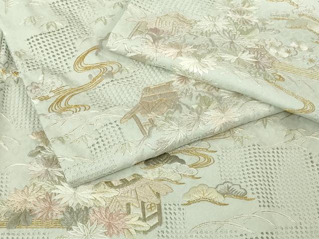 平和屋本店●極上 中国三大刺繍 スワトウ刺繍 汕頭刺繍 総刺繍 訪問着 風景花文 白緑色地 金糸 反端付き 逸品 未使用 DZAB7041kh6