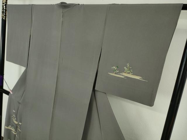 平和屋本店▽極上 染刺工芸 大羊居 東京友禅 訪問着 単衣 刺繍 渡橋飛鳥風景 灰色地 金銀糸 高島屋扱い 反端付き 逸品 DZAB7045kh6