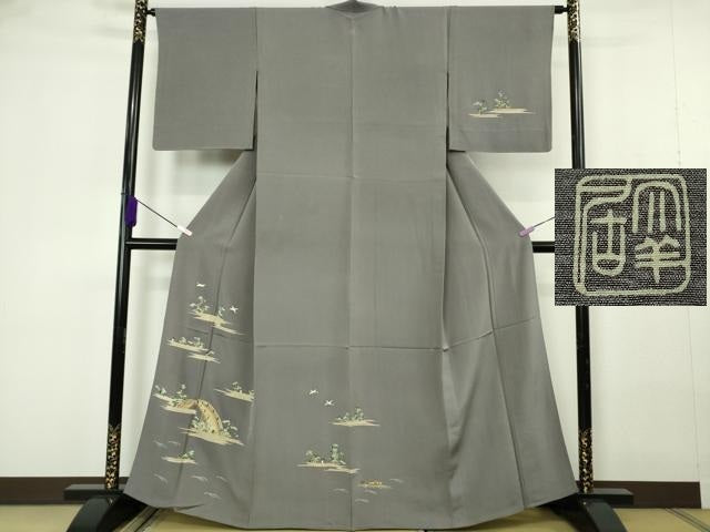 平和屋本店▽極上 染刺工芸 大羊居 東京友禅 訪問着 単衣 刺繍 渡橋飛鳥風景 灰色地 金銀糸 高島屋扱い 反端付き 逸品 DZAB7045kh6