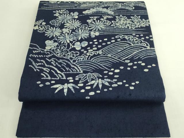 平和屋着物●極上 九寸開き名古屋帯 紬地 ろうけつ染め 本藍 立波花文 紺色地 逸品 DZAB7057kh6