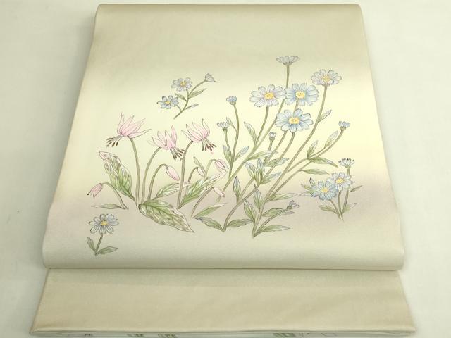 平和屋着物●極上 塩瀬 太鼓柄袋帯 公咲作 手描き 草花文 逸品 DZAB7074kh6
