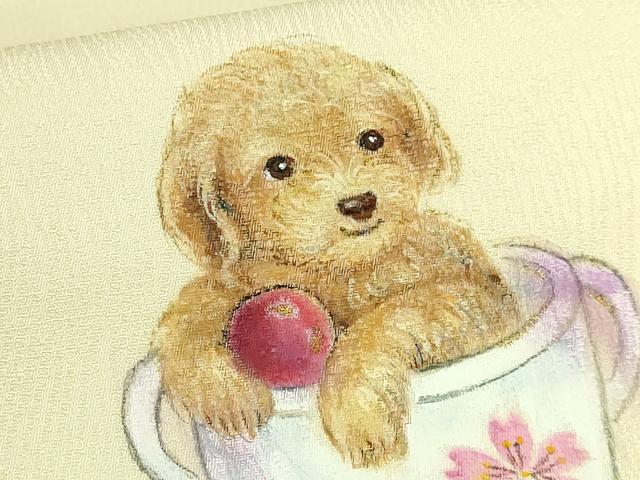 平和屋着物●極上 九寸名古屋帯 手描き ティーカッププードル 舞桜 金彩 蒸栗色地 逸品 DZAB7100kh6
