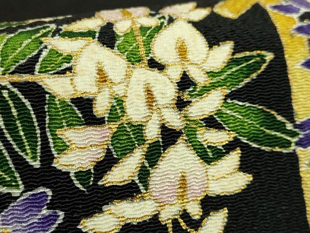 平和屋本店●超希少 東京友禅 久呂田明功 九寸開き名古屋帯 藤花房 黒地 金彩 鬼しぼ縮緬 逸品 DZAB7109kh6