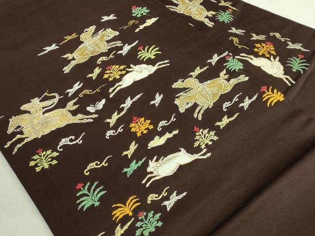 平和屋本店●極上 龍村美術織物 たつむら 九寸名古屋帯 木画狩猟錦 憲法黒茶色地 金銀糸 逸品 DZAB7130kh6