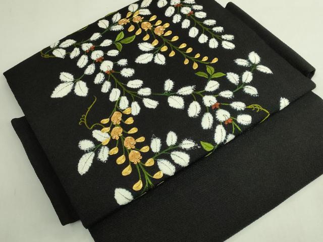 平和屋本店●極上 つけ帯 駒刺繍 藤花房 黒地 金糸 鬼しぼ縮緬 逸品 DZAB7148kh6