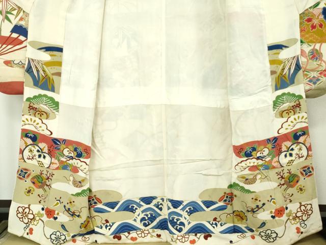 平和屋本店●極上 アンティーク 大正ロマン 振袖・長襦袢(袷・半衿刺繍)セット 駒刺繍 檜扇宝尽くし楽器文 金彩 逸品 DZAB7152kh6