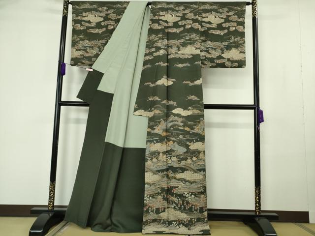 平和屋本店●極上 中国三大刺繍 スワトウ刺繍 汕頭刺繍 訪問着 人物風景 千歳茶色地 金糸 逸品 DZAB7156kh6