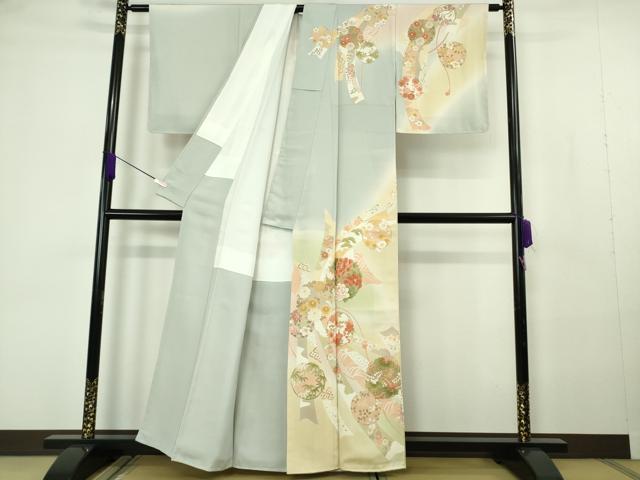平和屋本店●極上 訪問着 駒刺繍 束ね熨斗 花丸文 濃い藍白色地 暈し染め 金彩 逸品 未使用 DZAB7161kh6