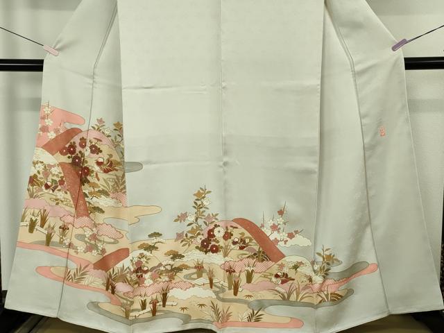平和屋本店●極上 皇室献上作家 藤井寛 訪問着 駒刺繍 鴛鴦花文 白花色地 金彩 反端付き 逸品 未使用 DZAB7162kh6