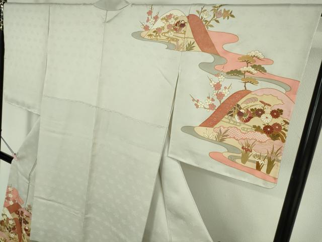 平和屋本店●極上 皇室献上作家 藤井寛 訪問着 駒刺繍 鴛鴦花文 白花色地 金彩 反端付き 逸品 未使用 DZAB7162kh6