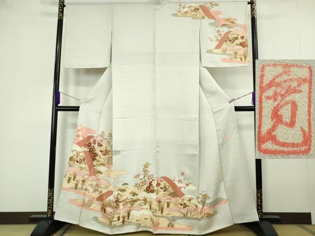 平和屋本店●極上 皇室献上作家 藤井寛 訪問着 駒刺繍 鴛鴦花文 白花色地 金彩 反端付き 逸品 未使用 DZAB7162kh6