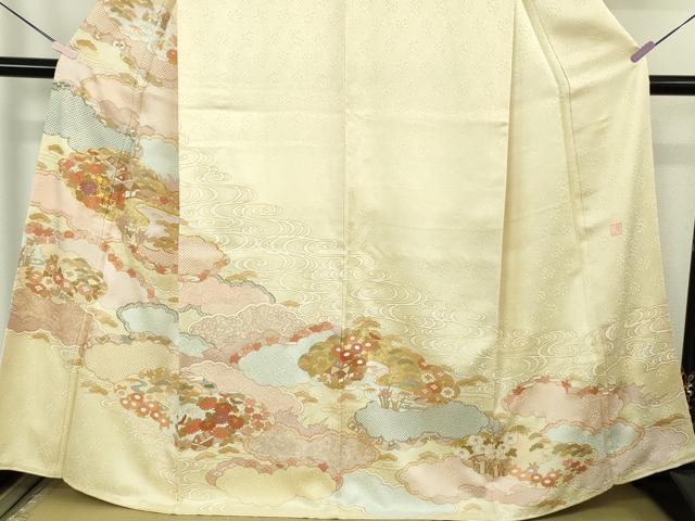 平和屋本店●極上 訪問着 作家物 駒刺繍 雲取り風景花文 蒸栗色地 金彩 逸品 未使用 DZAB7163kh6