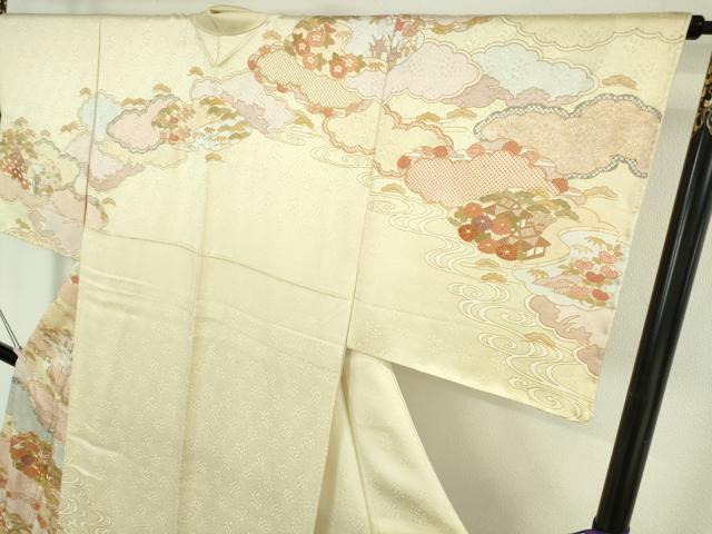 平和屋本店●極上 訪問着 作家物 駒刺繍 雲取り風景花文 蒸栗色地 金彩 逸品 未使用 DZAB7163kh6