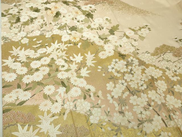 平和屋本店●極上 訪問着 駒刺繍 松 菊 桜 楓 肌色地 金彩 逸品 未使用 DZAB7164kh6