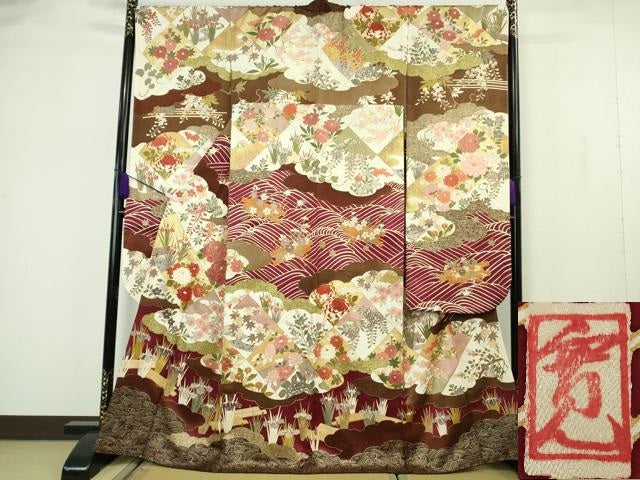 平和屋本店●極上 皇室献上作家 藤井寛 振袖 駒刺繍 花筏 立波吉祥花文 金彩 京都きもの友禅扱い 逸品 DZAB7166kh6