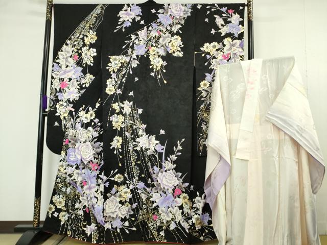 平和屋本店●極上 振袖・長襦袢(無双仕立て・半衿刺繍)セット 刺繍 薔薇 バラ 舞蝶花文 黒地 金銀彩 逸品 DZAB7168kh6