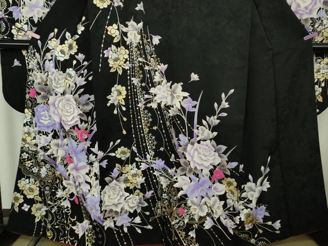 平和屋本店●極上 振袖・長襦袢(無双仕立て・半衿刺繍)セット 刺繍 薔薇 バラ 舞蝶花文 黒地 金銀彩 逸品 DZAB7168kh6