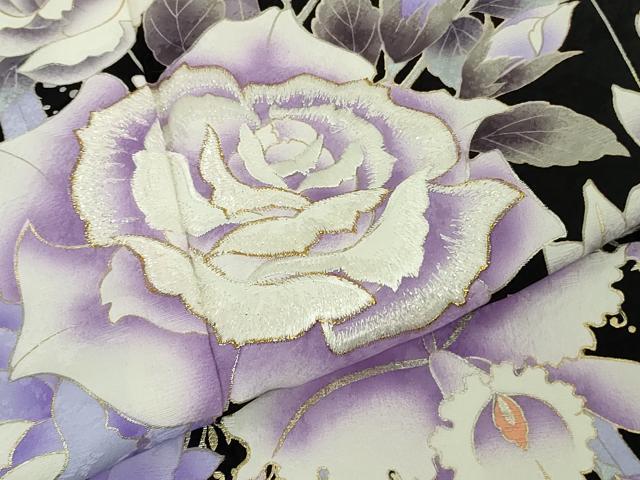 平和屋本店●極上 振袖・長襦袢(無双仕立て・半衿刺繍)セット 刺繍 薔薇 バラ 舞蝶花文 黒地 金銀彩 逸品 DZAB7168kh6