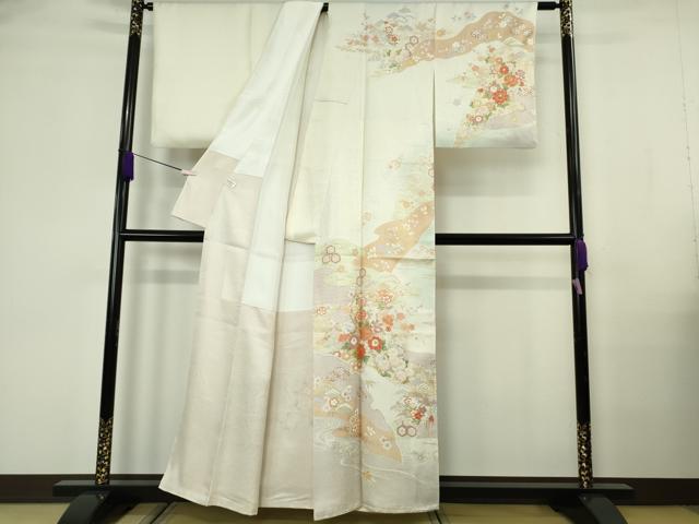 平和屋本店●極上 訪問着・長襦袢(無双仕立て)・袋帯セット 駒刺繍 雪輪吉祥花文 暈し染め 金彩 逸品 DZAB7169kh6