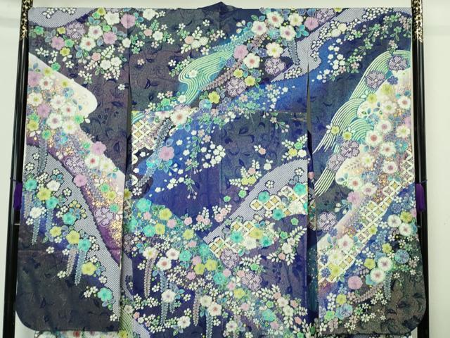 平和屋本店●極上 振袖・長襦袢(無双仕立て・半衿刺繍)セット 辻が花 絞り 暈し染め 金彩 銀通し地 逸品 DZAB7170kh6