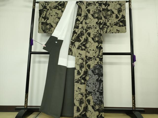 平和屋本店●極上 キモノデザイナー 斉藤上太郎 訪問着 お召地 大花 黄海松茶色地 反端付き 逸品 未使用 DZAB7171kh6