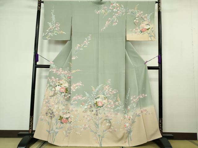 平和屋着物●極上 訪問着 友禅 作家物 枝花文 柳鼠色地 暈し染め 逸品 DZAB7173kh6