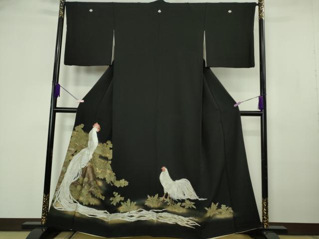 平和屋本店●極上 黒留袖 手刺繍 鶏 にわとり 金糸 逸品 DZAB7177kh6