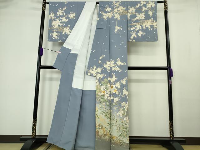 平和屋本店●極上 訪問着 駒刺繍 枝桜 松笹文 青藤色地 暈し染め 金彩 逸品 未使用 DZAB7180kh6