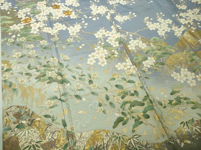 平和屋本店●極上 訪問着 駒刺繍 枝桜 松笹文 青藤色地 暈し染め 金彩 逸品 未使用 DZAB7180kh6