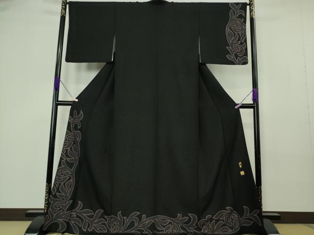 平和屋本店●極上 染色作家 寺島利男 訪問着 唐草文 黒地 銀通し地 逸品 DZAB7182kh6