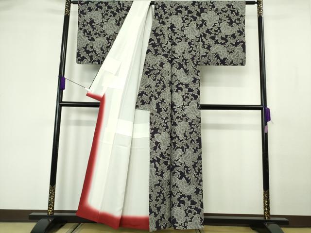 平和屋着物●極上 ジャパンオートクチュール 渡辺雪三郎 小紋 牡丹唐草文 深紫色地 逸品 DZAB7183kh6