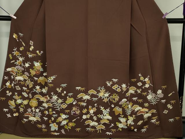 平和屋本店●極上 銀座 志ま亀 訪問着 駒刺繍 宝尽くし 黒鳶色地 金彩 ロング丈 たとう紙付き 逸品 未使用 DZAB7195kh6