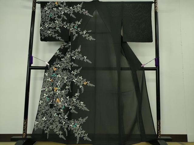 平和屋本店*極上 夏物 訪問着 絽 駒刺繍 花萩文 黒地 金糸 逸品 DZAB7196kh6