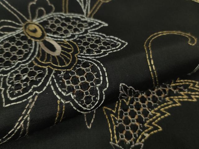 平和屋本店●極上 中国三大刺繍 スワトウ刺繍 汕頭刺繍 刺し子 総刺繍 本場縞大島紬 更紗花文 黒地 逸品 DZAB7205kh6