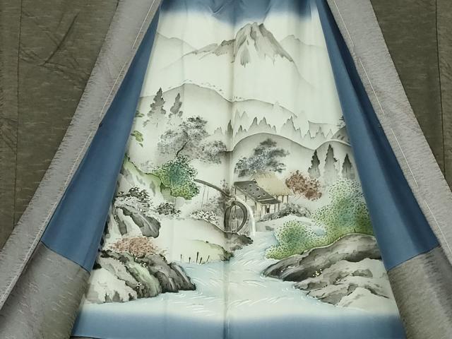 平和屋着物∞極上 男性 染色作家 斉藤三才 長羽織 京友禅 暈し染め 羽裏・水車小屋 反端付き 逸品 未使用 DZAB7216kh6