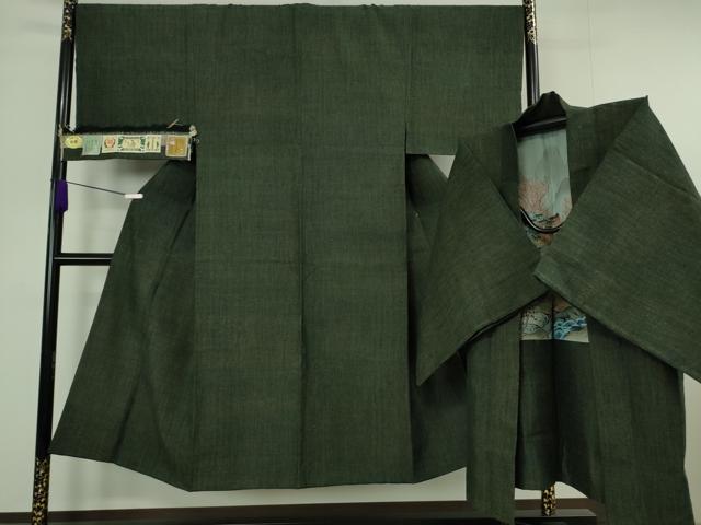 平和屋本店●極上 男性 本場結城紬 重要無形文化財 杢 アンサンブル 長羽織 黒緑色 逸品 DZAB7227kh6