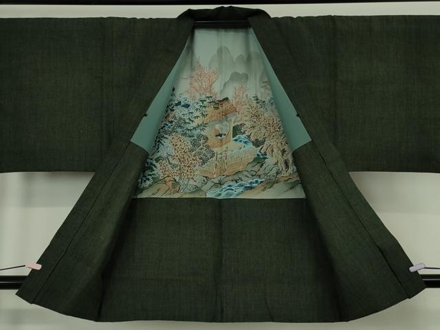 平和屋本店●極上 男性 本場結城紬 重要無形文化財 杢 アンサンブル 長羽織 黒緑色 逸品 DZAB7227kh6