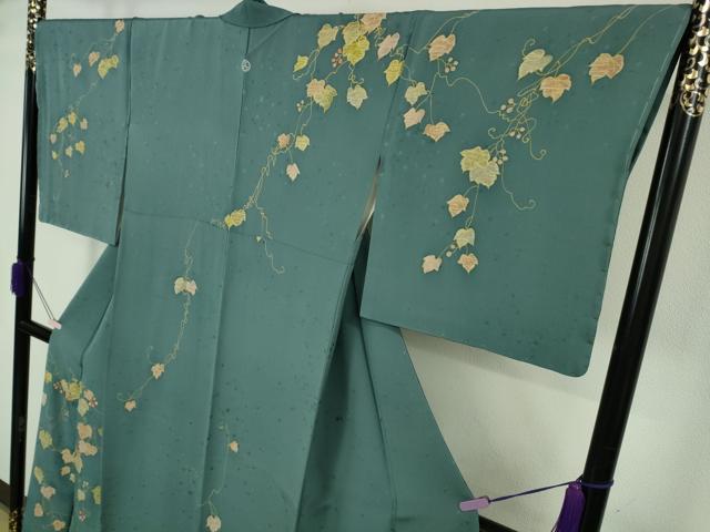 平和屋本店●極上 創業460年・千總 訪問着 刺繍 南天蔦の葉文 御召茶色地 金糸 逸品 DZAB7236kh6