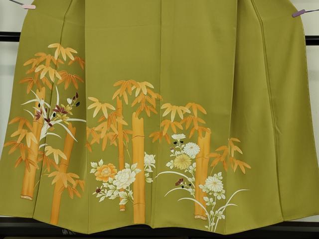 平和屋本店●極上 銀座 志ま亀 訪問着 笹竹花文 青朽葉色地 金彩 逸品 DZAB7237kh6