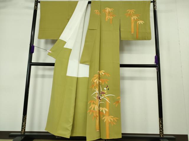 平和屋本店●極上 銀座 志ま亀 訪問着 笹竹花文 青朽葉色地 金彩 逸品 DZAB7237kh6