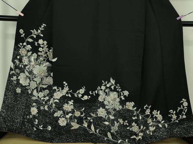 平和屋本店●極上 訪問着 玉蟲 更紗花鳥文 黒地 金彩 逸品 DZAB7239kh6