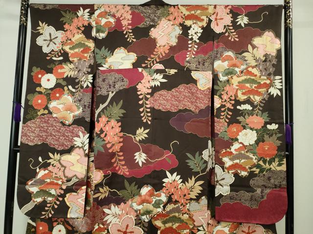 平和屋本店●極上 皇室献上作家 藤井寛 振袖 駒刺繍 雲取り吉祥花松文 黒紅色地 金彩 逸品 DZAB7242kh6
