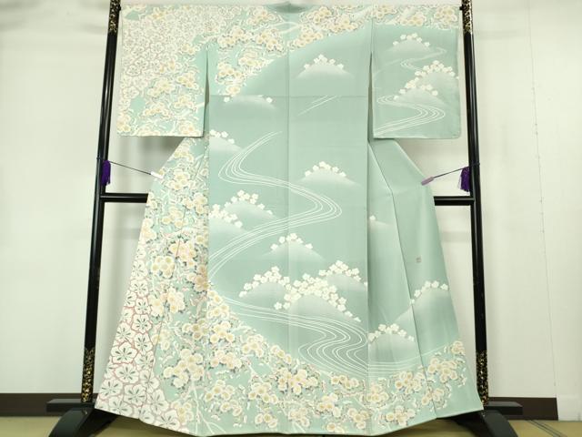 平和屋本店●極上 京友禅作家 光永正美 訪問着 刺繍 枝花文 薄い千草色地 暈し染め 金彩 逸品 未使用 DZAB7247kh6